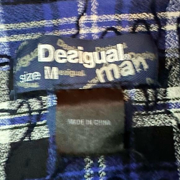 Desigual Blue Plaid Embroidered Funky Print Shirt Button Long Sleeve Mens MEDIUM - Picture 3 of 13